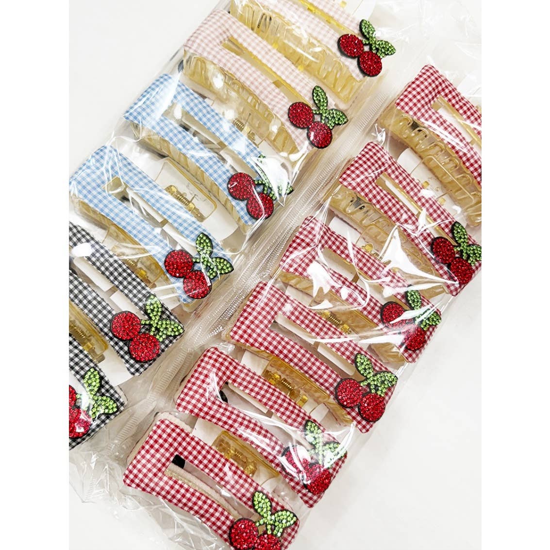 Rectangle Cherry Patch on Gingham Fabric Hair Claw
