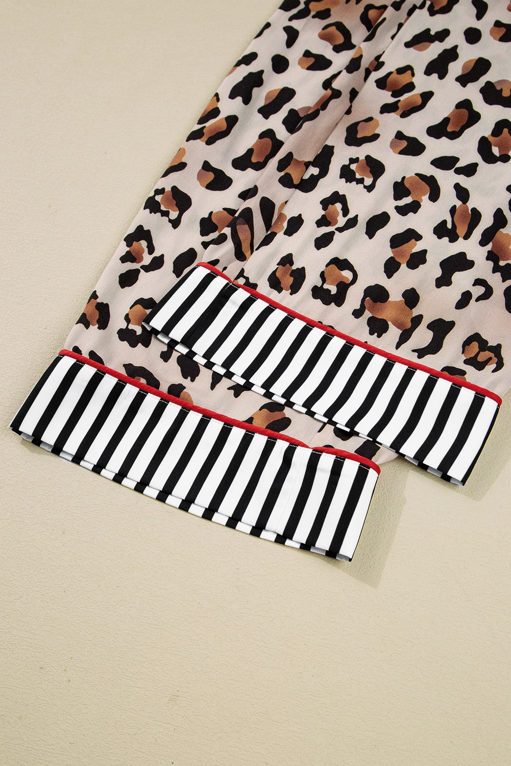 Khaki leopard print color block striped pajama set