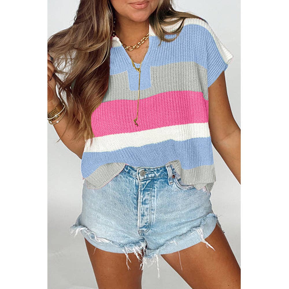 Colorblock Striped Knit Top Casual V Neck Short Sleeve Sweater Women