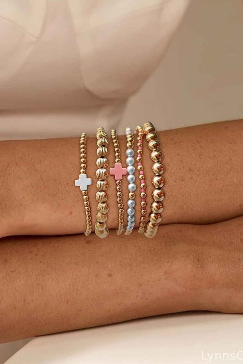 Gold plated multi layer bead pearl cross bracelets