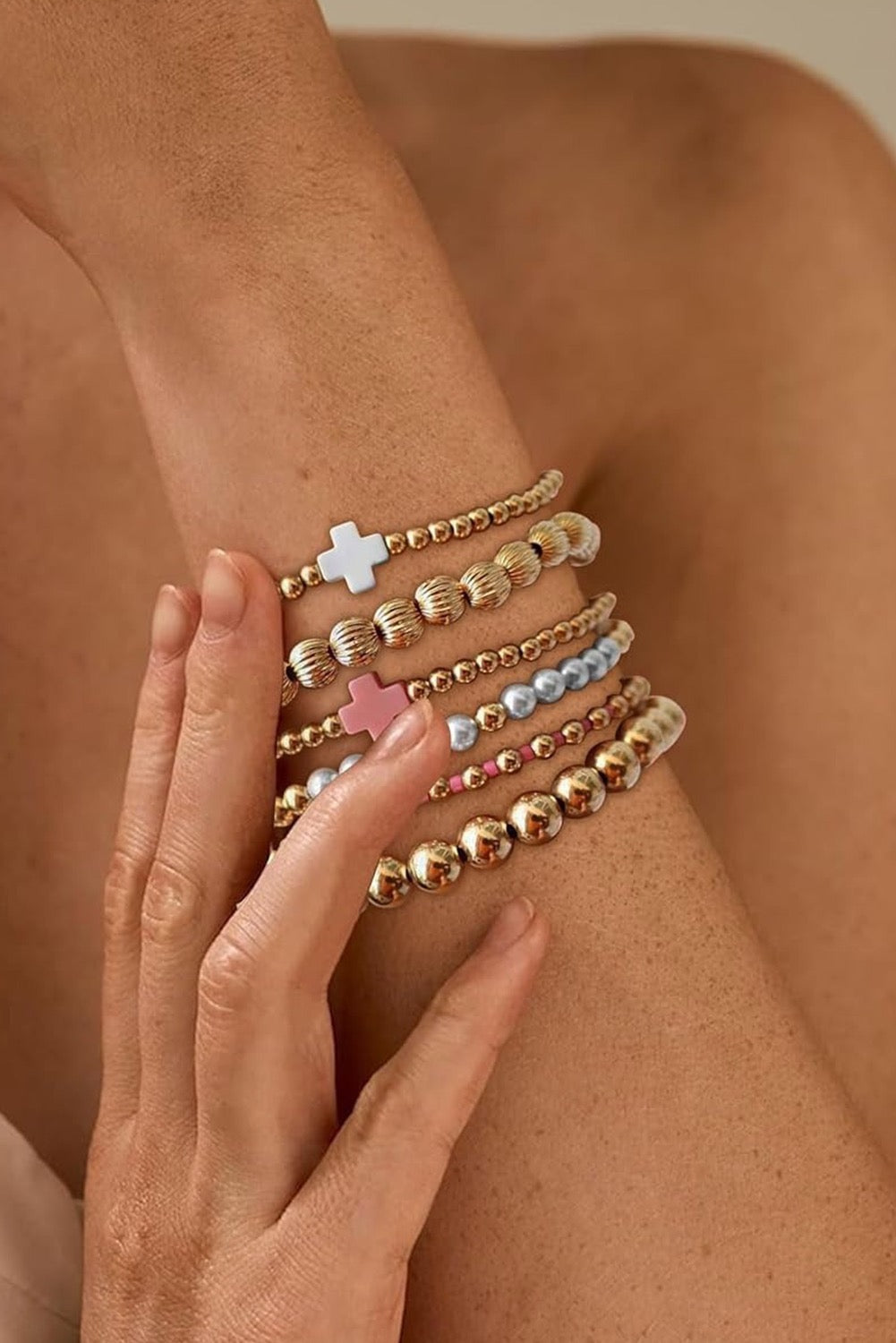 Gold plated multi layer bead pearl cross bracelets