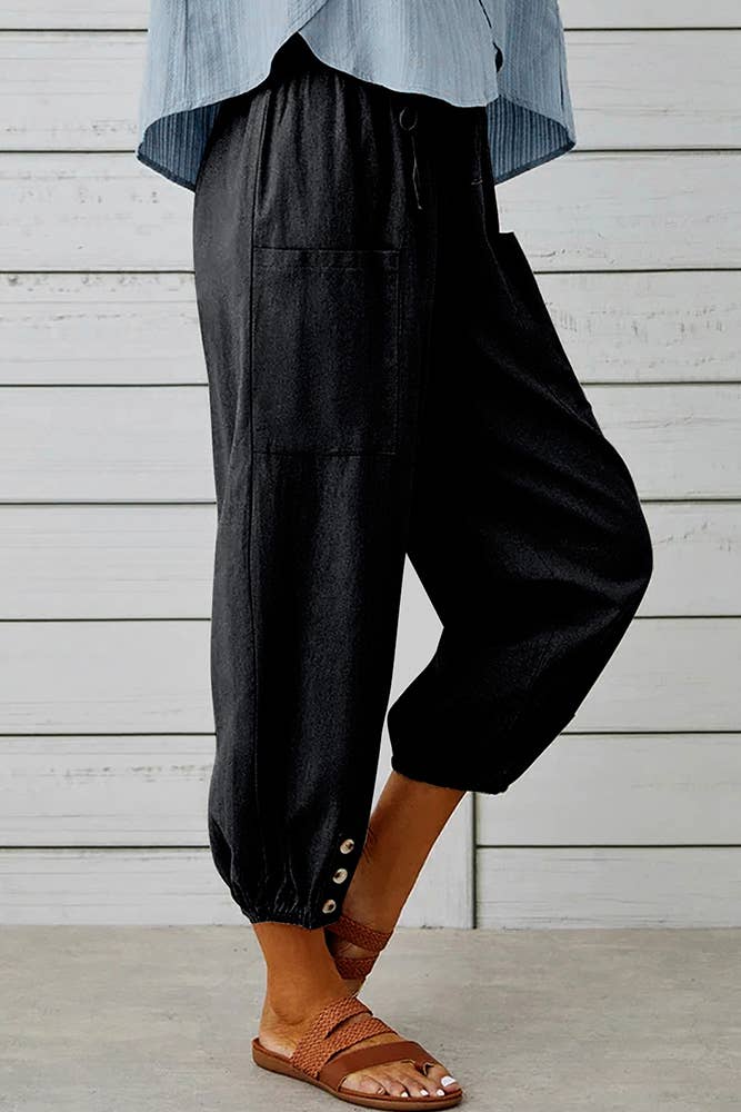 Plain Elastic Waist Buttoned Hem Pockets Joggers ZK1735