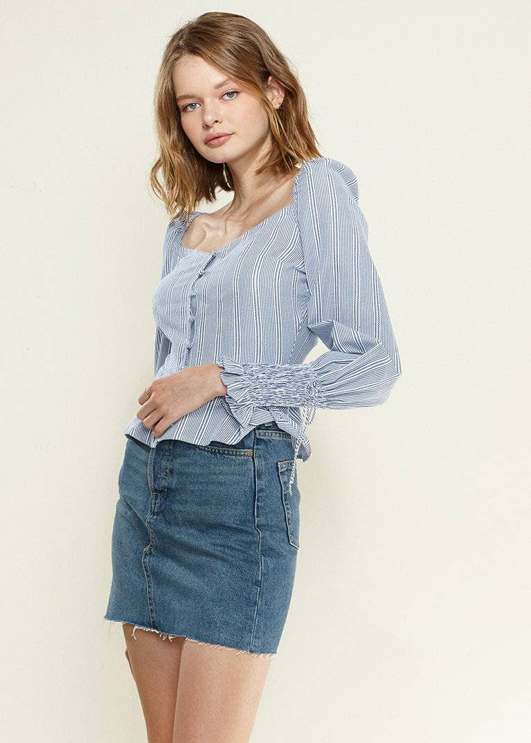 Nurode's Smocked Cuff Button Front Peplum Blouse in Blue