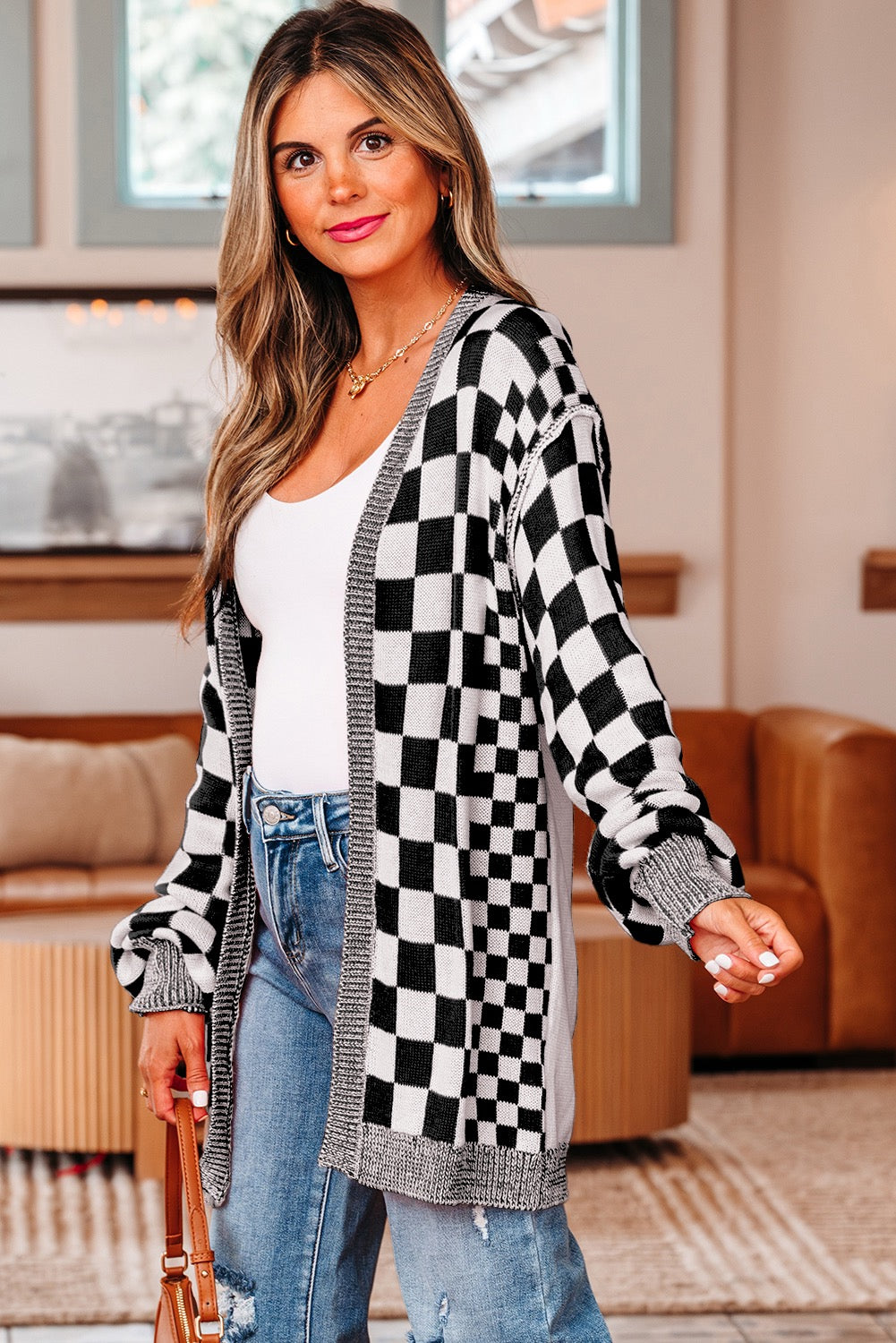 Black Checkered Open front Cardigan