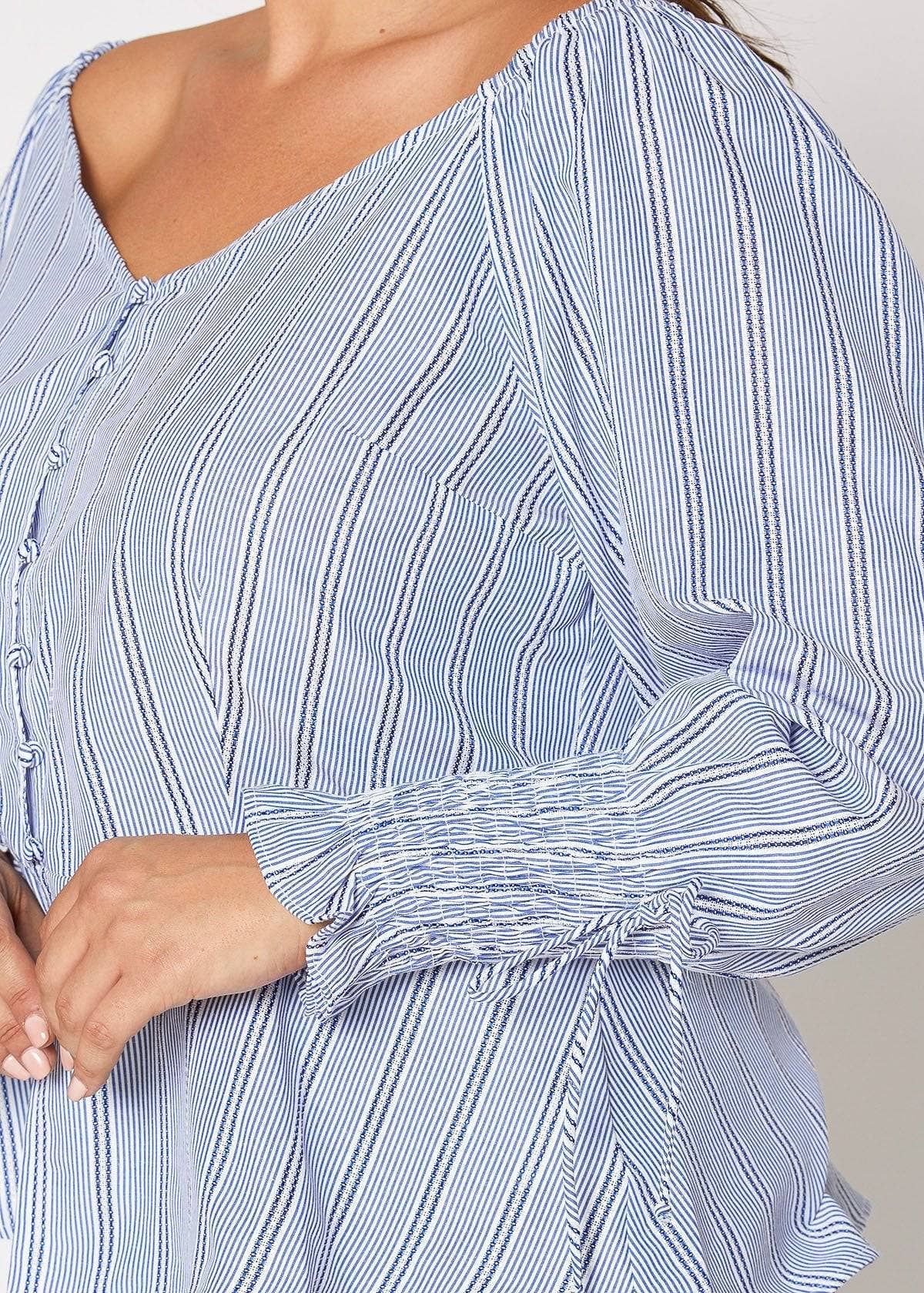 Nurode's Plus Size Smocked Sleeve Wrap Blouse in Blue