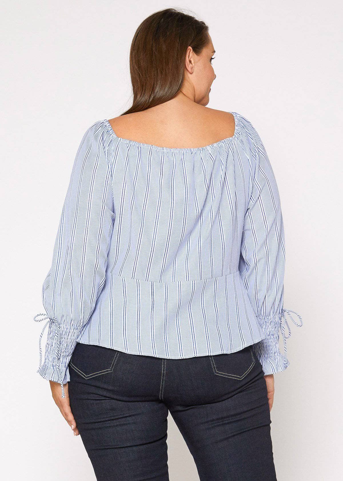 Nurode's Plus Size Smocked Sleeve Wrap Blouse in Blue