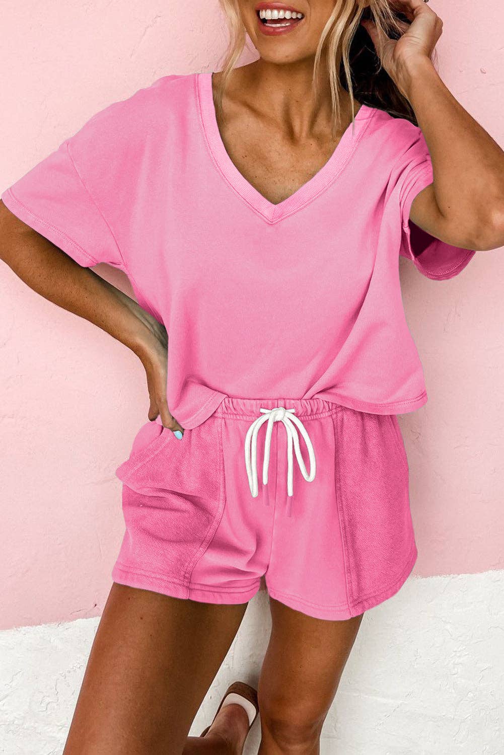 Mint Green V Neck Drop Shoulder Tee and Patchwork Drawstring Shorts Set