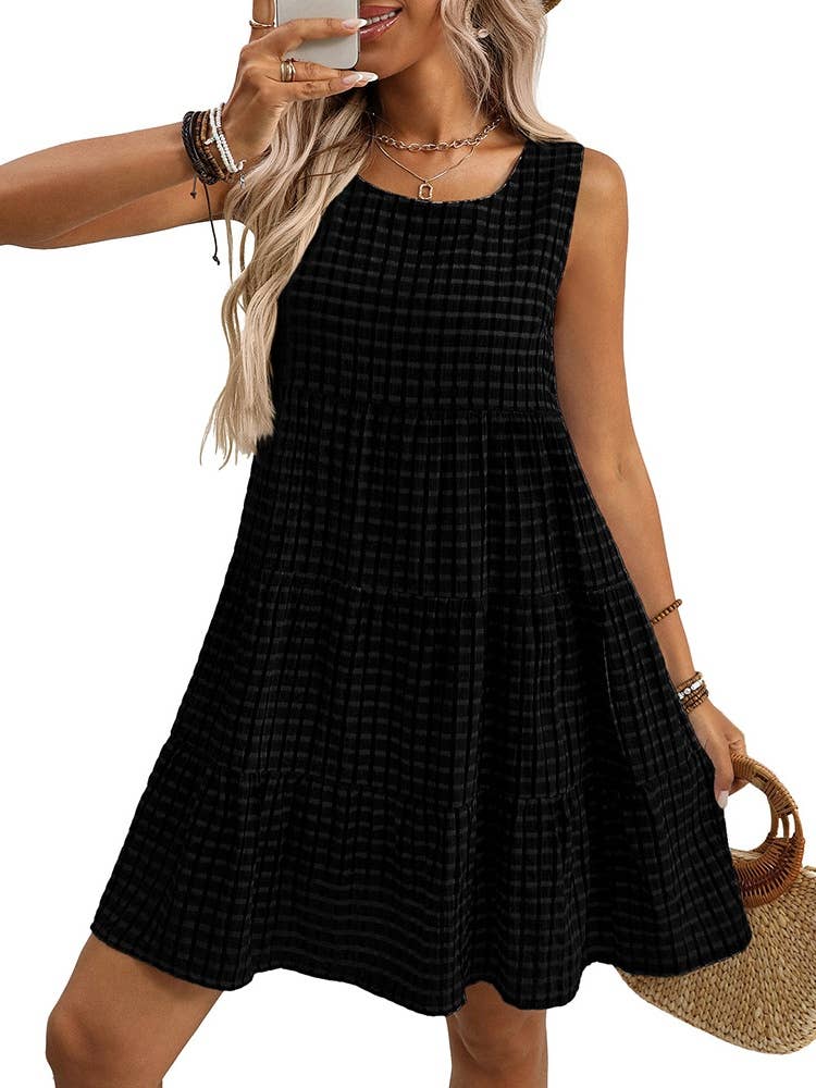 Flowy Gingham Check Midi Dress Casual Summer Outfit N25Z237