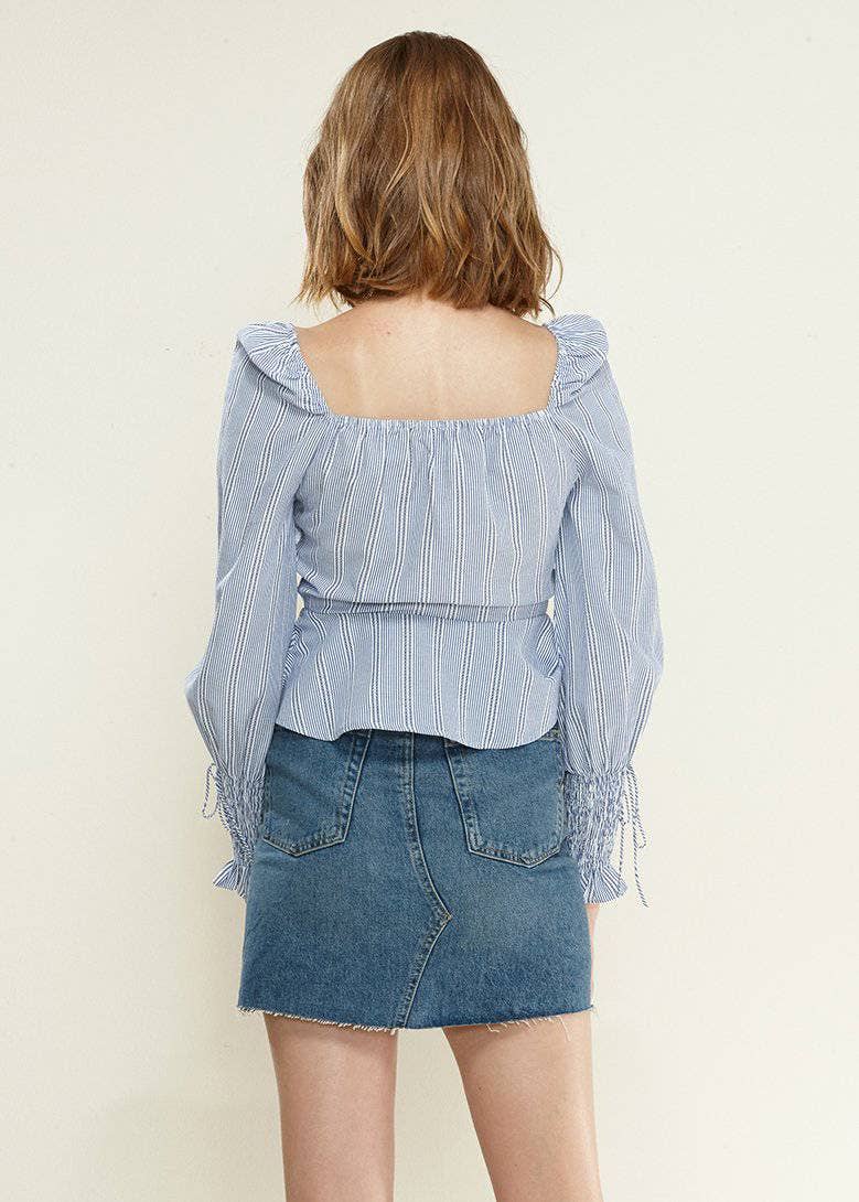 Nurode's Smocked Cuff Button Front Peplum Blouse in Blue