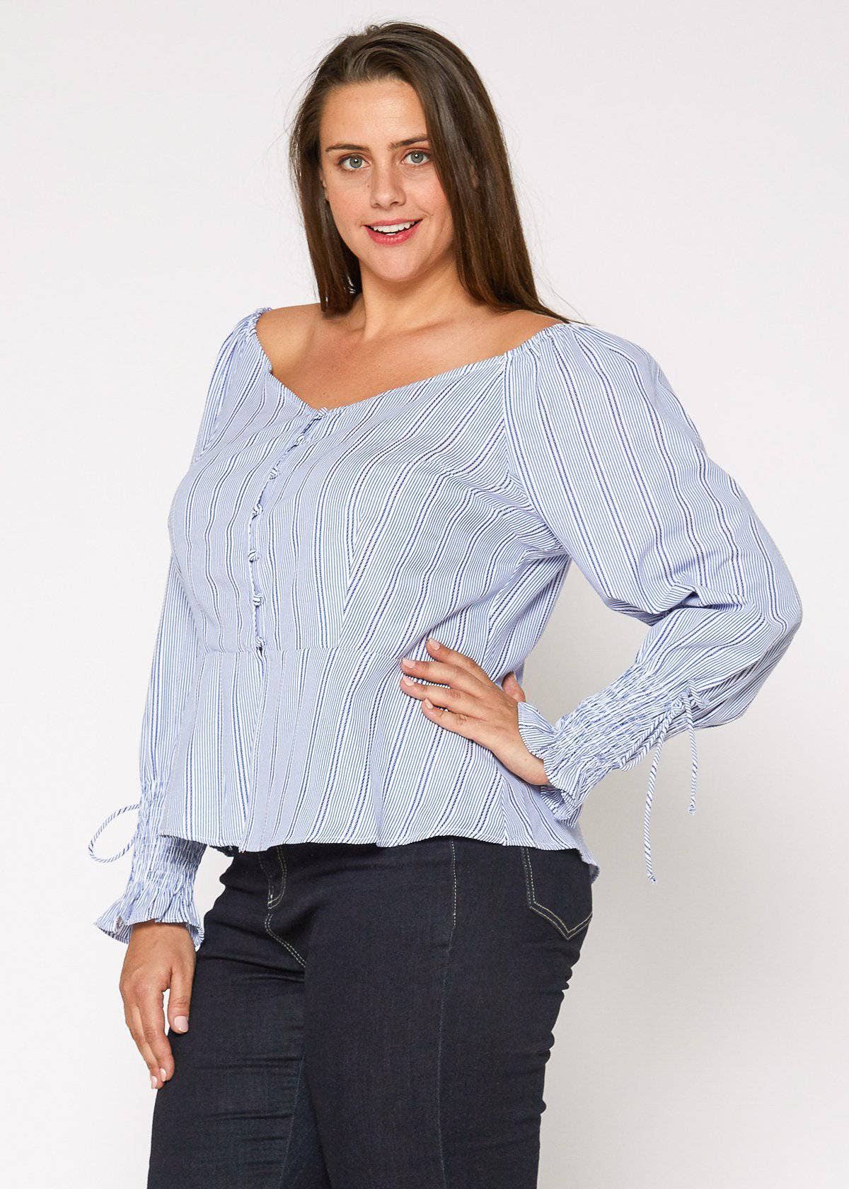 Nurode's Plus Size Smocked Sleeve Wrap Blouse in Blue