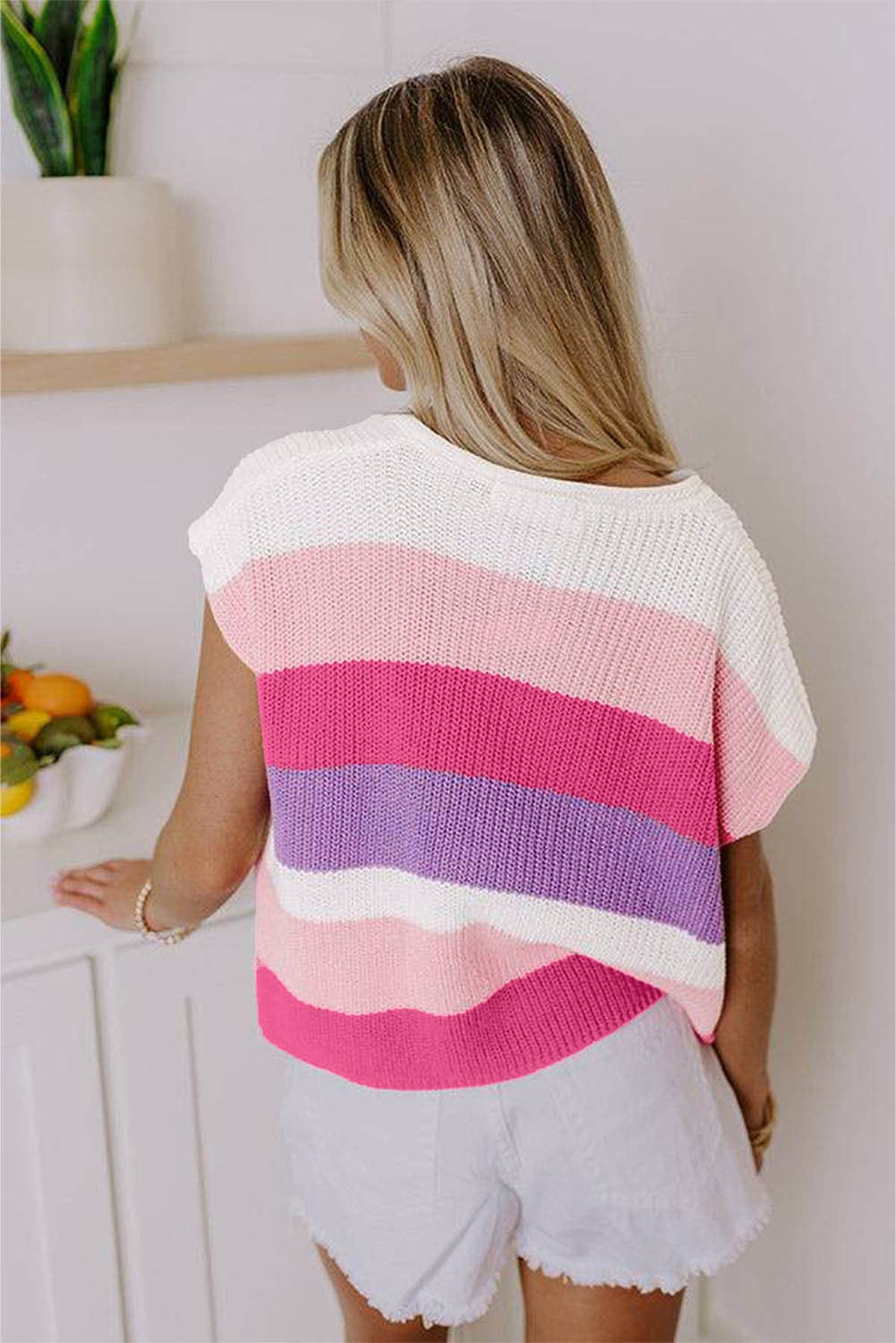 Colorblock Striped Knit Top Casual V Neck Short Sleeve Sweater Women