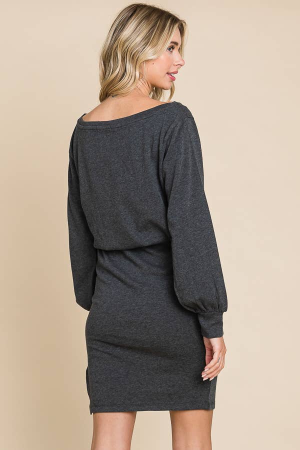 CFD1224L - BOAT NECK BALLOON SLEEVE DRESS