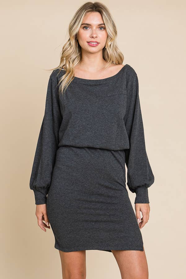 CFD1224L - BOAT NECK BALLOON SLEEVE DRESS