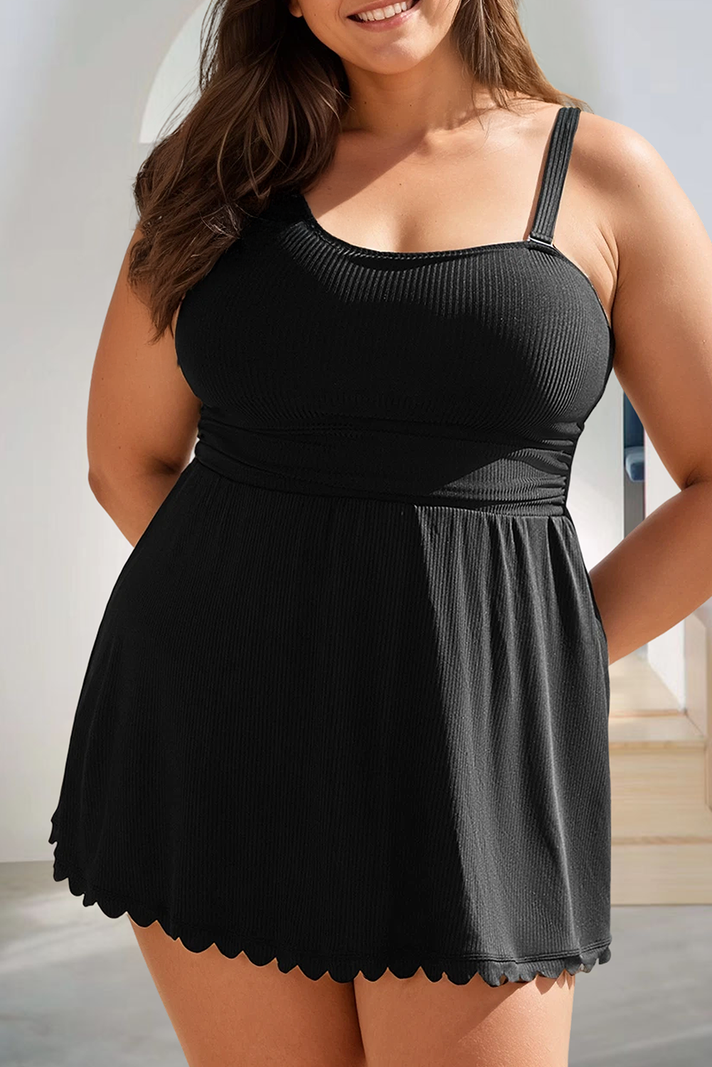 Plus Size Textured Scalloped Trim Swim Dress with Panty – Betty Lou and Co Plus Size Textured Scalloped Trim Swim Dress with Panty – Betty Lou and Co