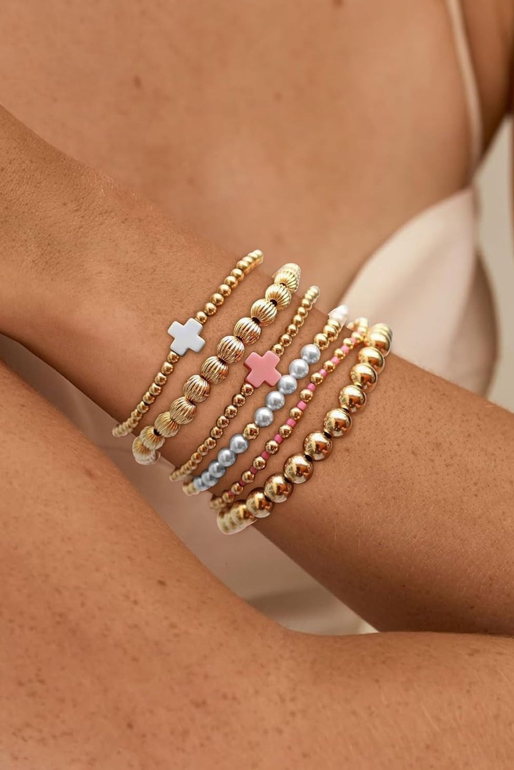 Gold plated multi layer bead pearl cross bracelets