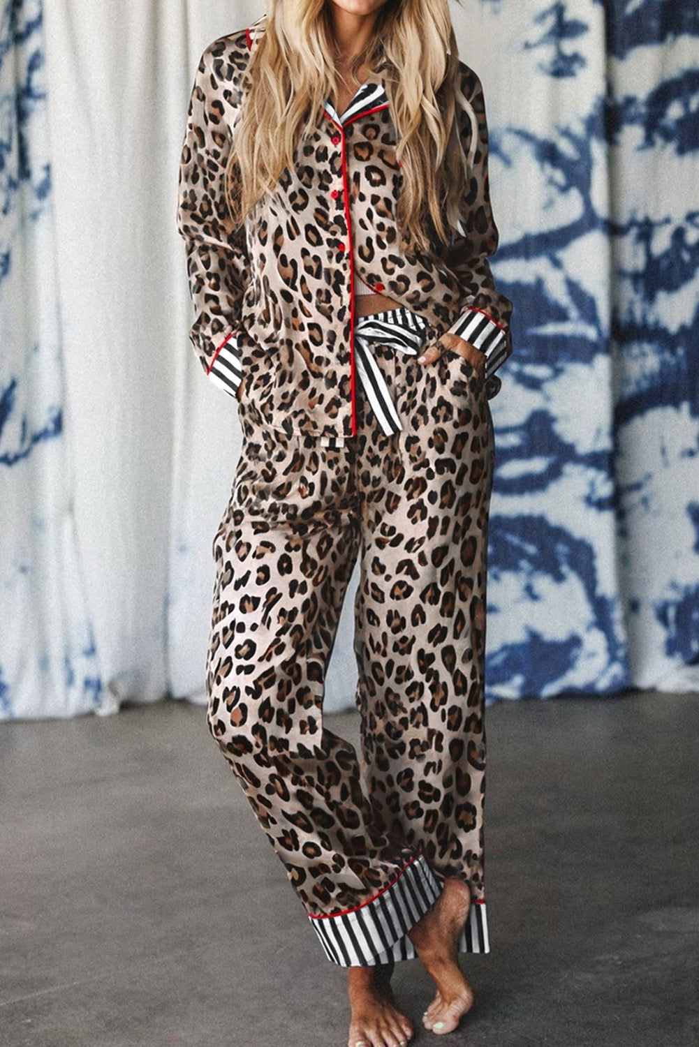Khaki leopard print color block striped pajama set