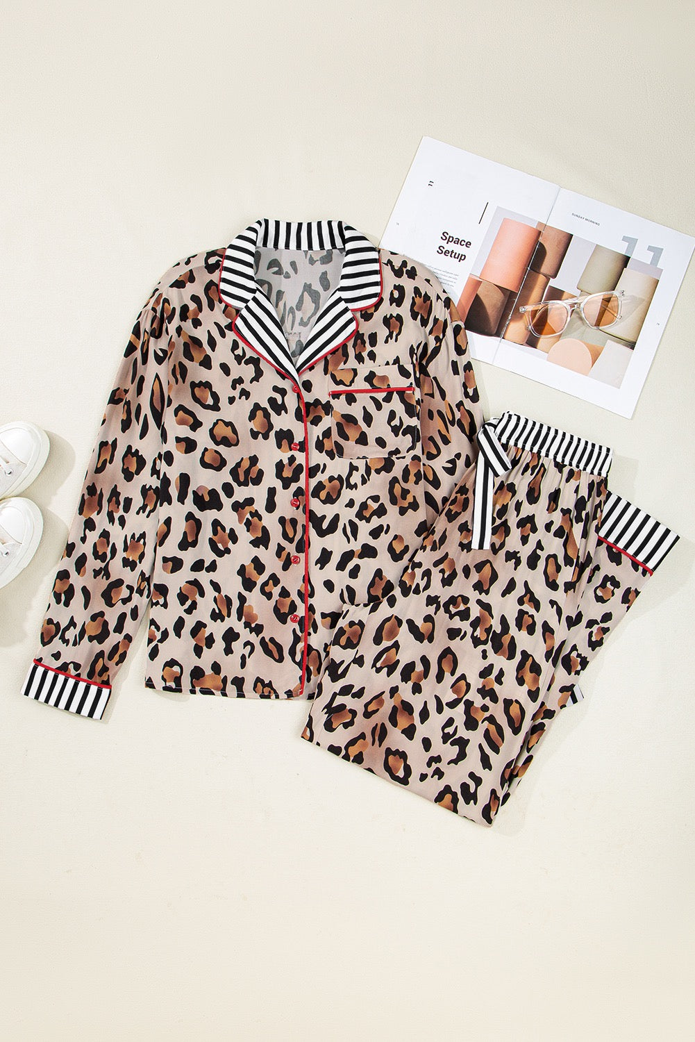 Khaki leopard print color block striped pajama set