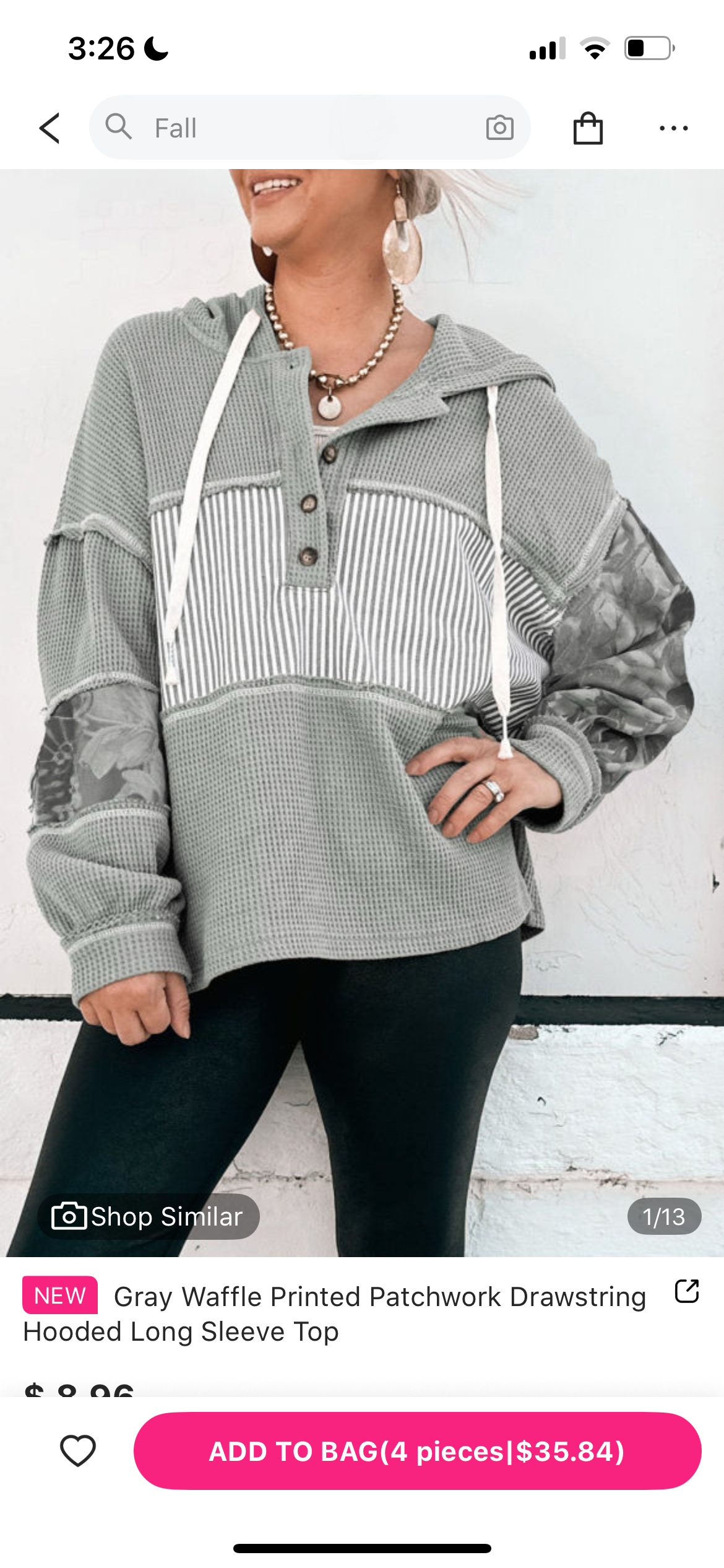 Gray Waffle Patchwork Hooded Long Sleeve