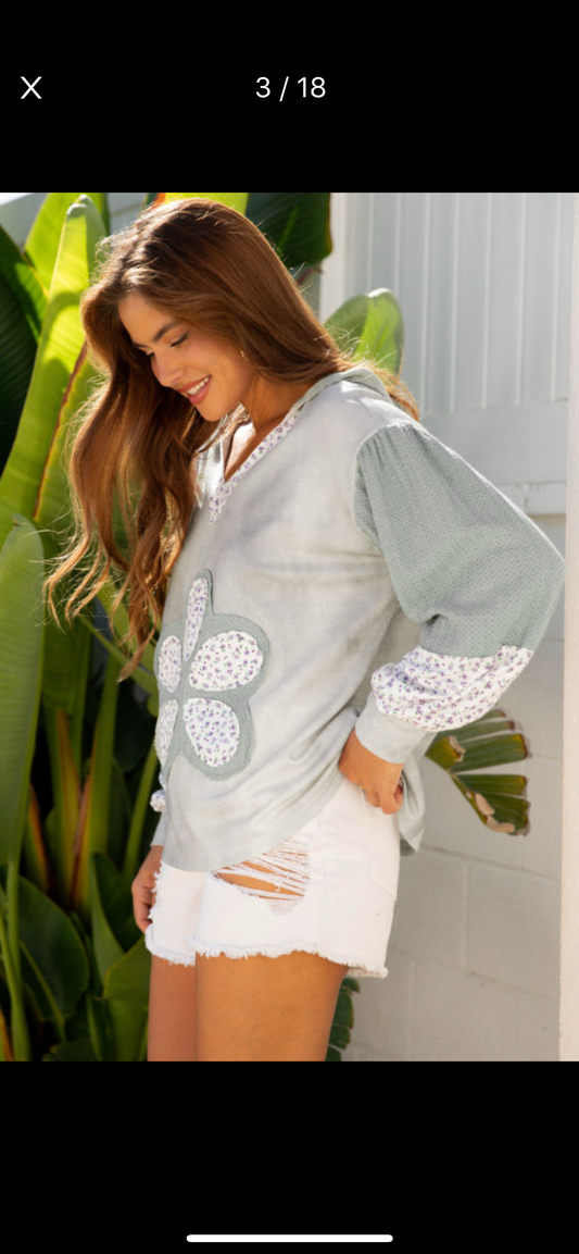 Green Floral Patched Hooded Top