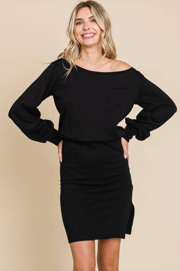 CFD1224L - BOAT NECK BALLOON SLEEVE DRESS