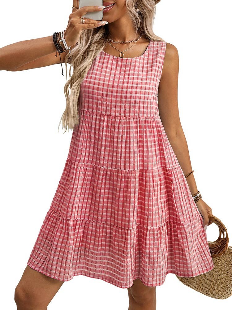 Flowy Gingham Check Midi Dress Casual Summer Outfit N25Z237