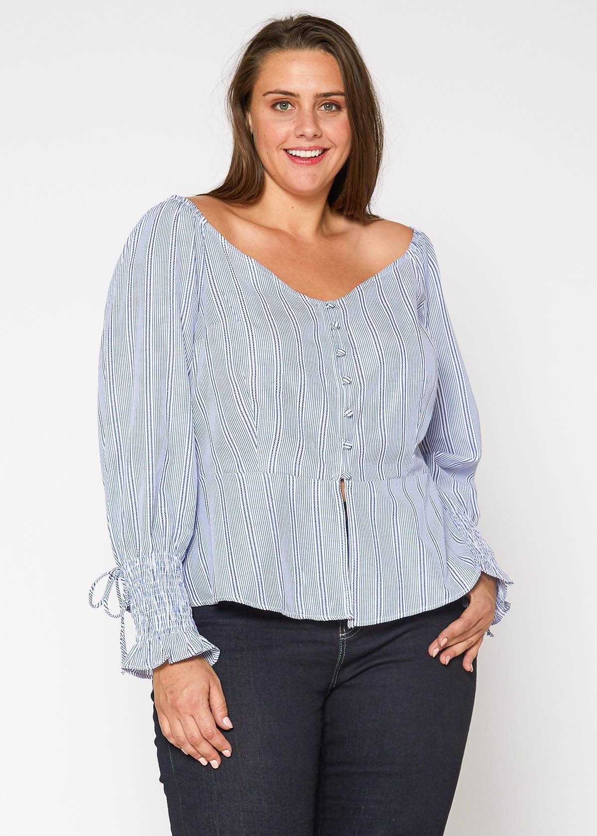 Nurode's Plus Size Smocked Sleeve Wrap Blouse in Blue