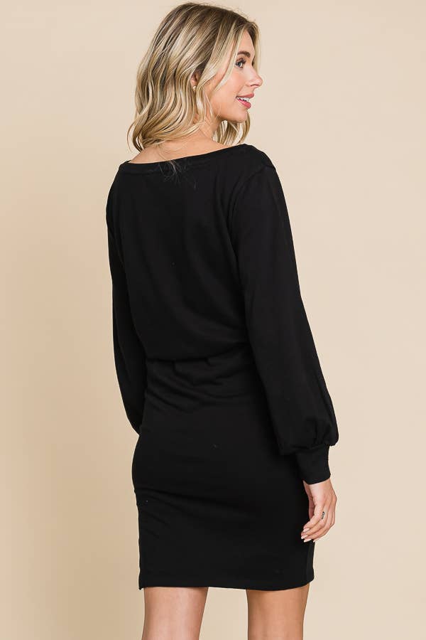 CFD1224L - BOAT NECK BALLOON SLEEVE DRESS