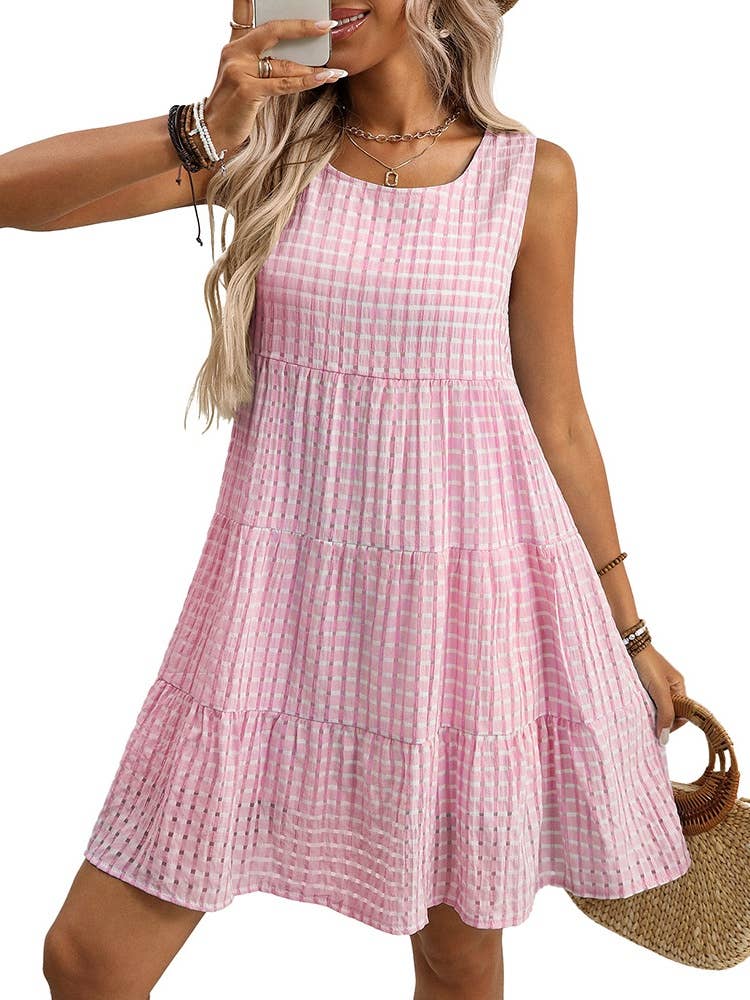 Flowy Gingham Check Midi Dress Casual Summer Outfit N25Z237