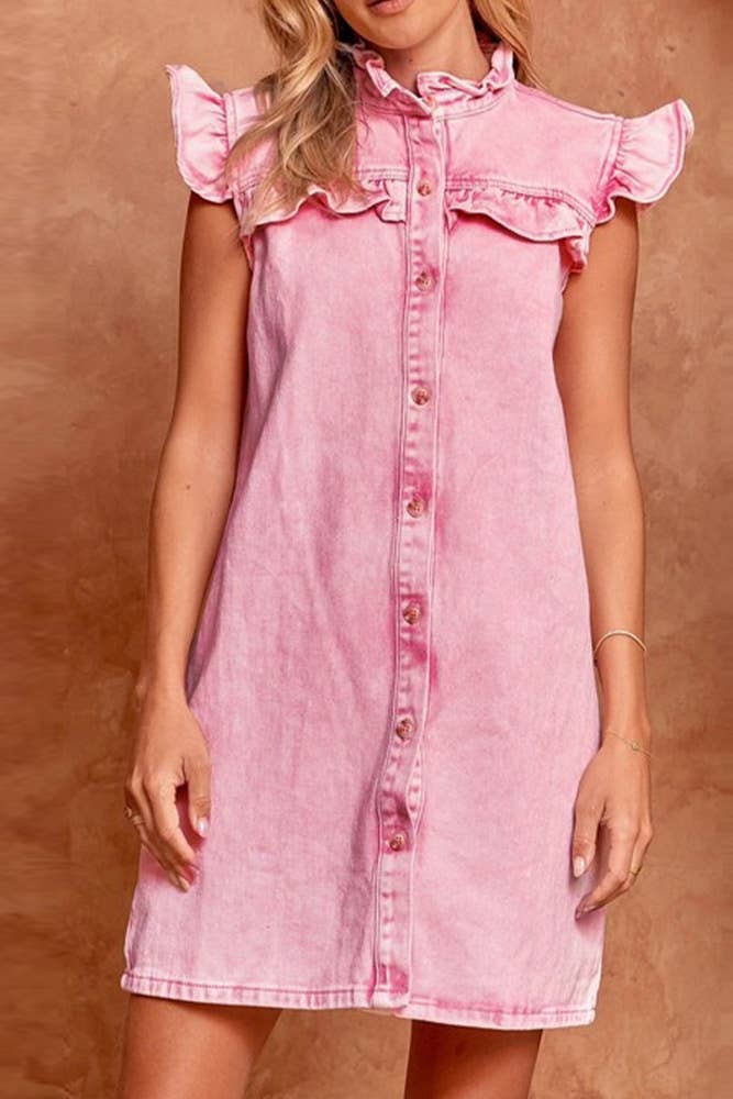 Plain Washed Denim Open Button Ruffles Dress OZX069