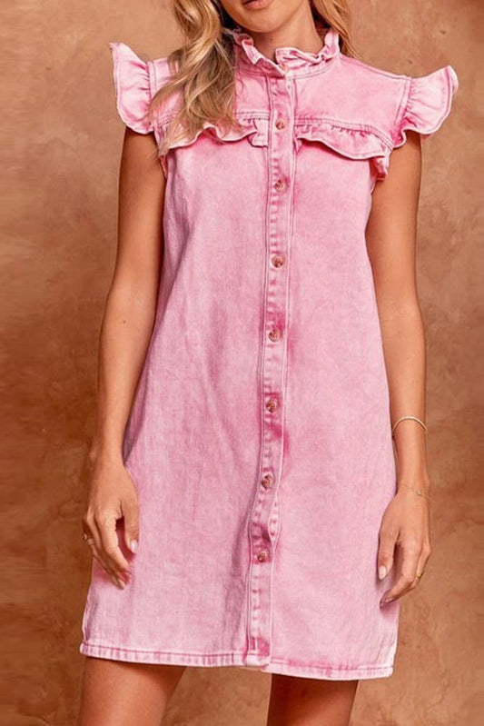 Plain Washed Denim Open Button Ruffles Dress OZX069