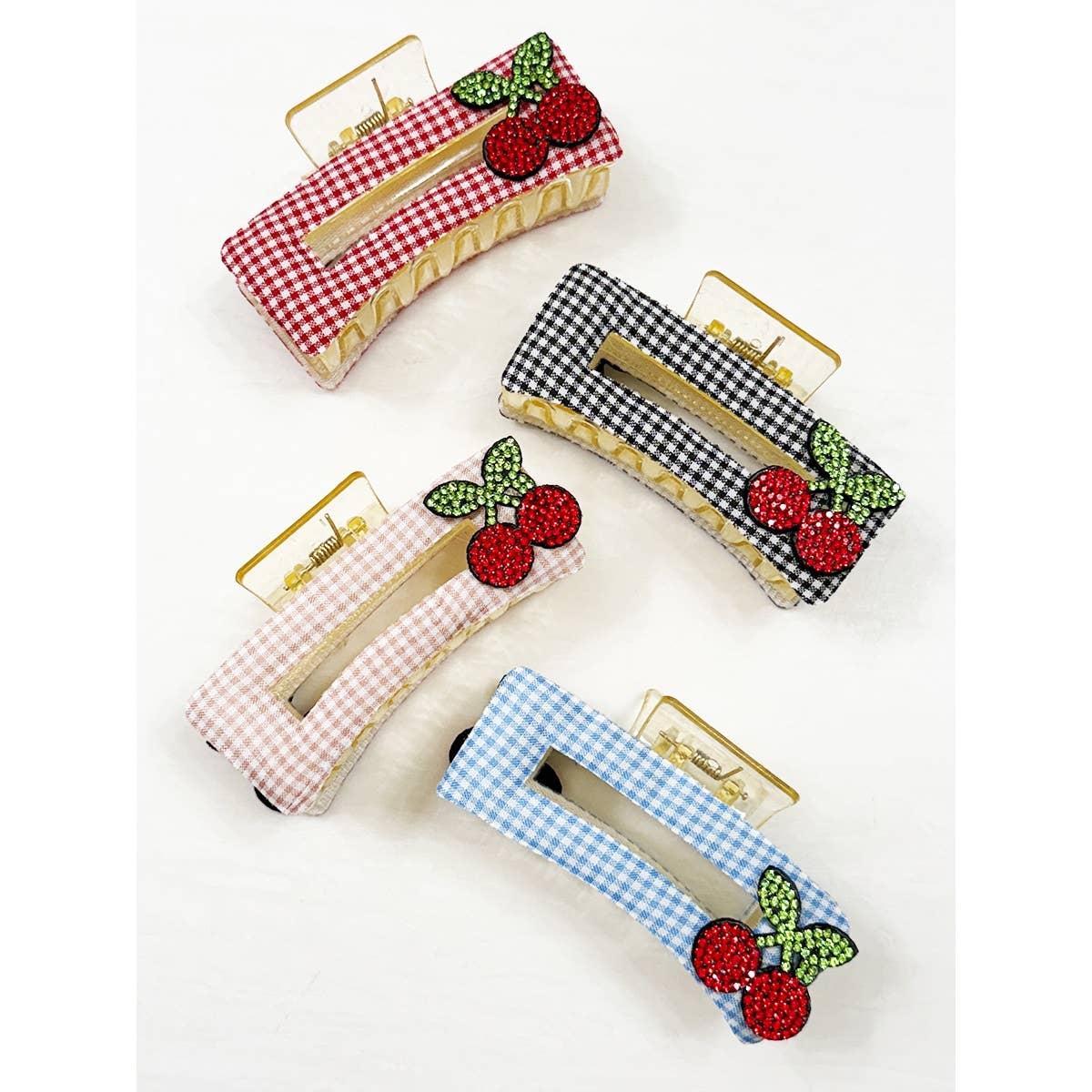 Rectangle Cherry Patch on Gingham Fabric Hair Claw
