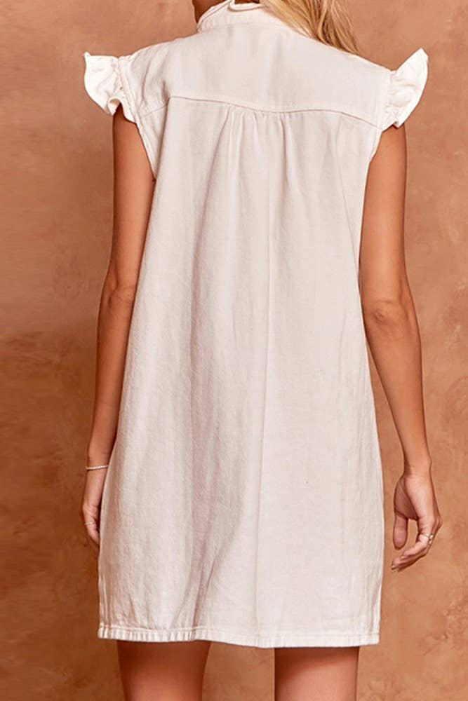 Plain Washed Denim Open Button Ruffles Dress OZX069