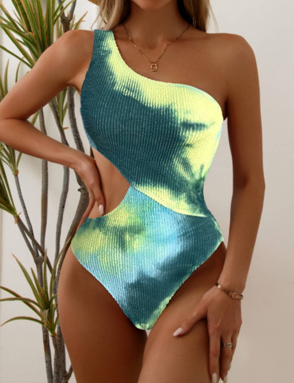 Wrinkle One Shoulder One Piece Swimwear SKSW40090