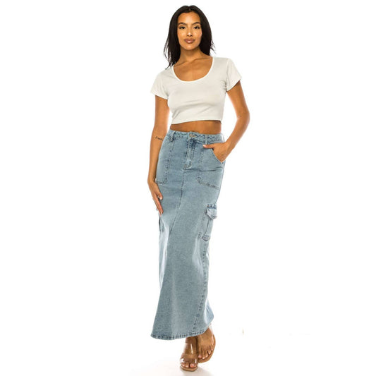 LIGHT COLOR CARGO POCKET LONG DENIM SKIRTS