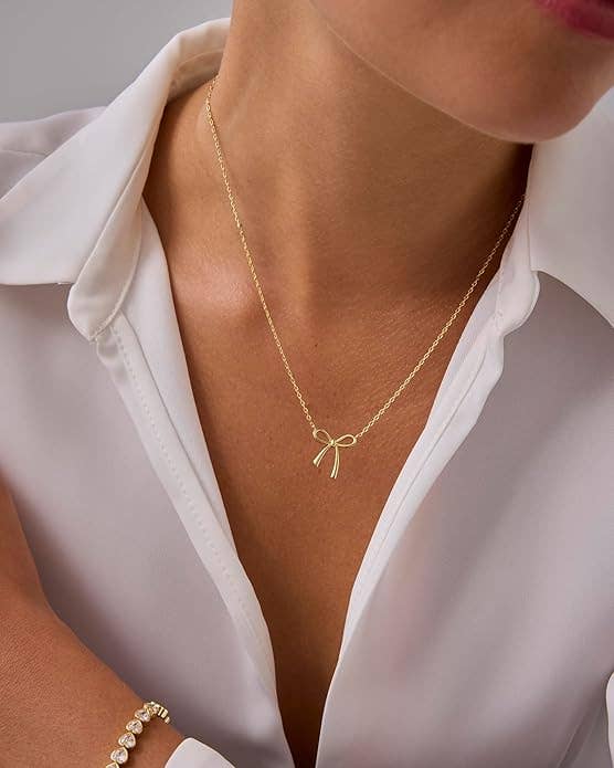 Dainty "Saved By Grace" 14k Gold Inspirational Bow Necklace