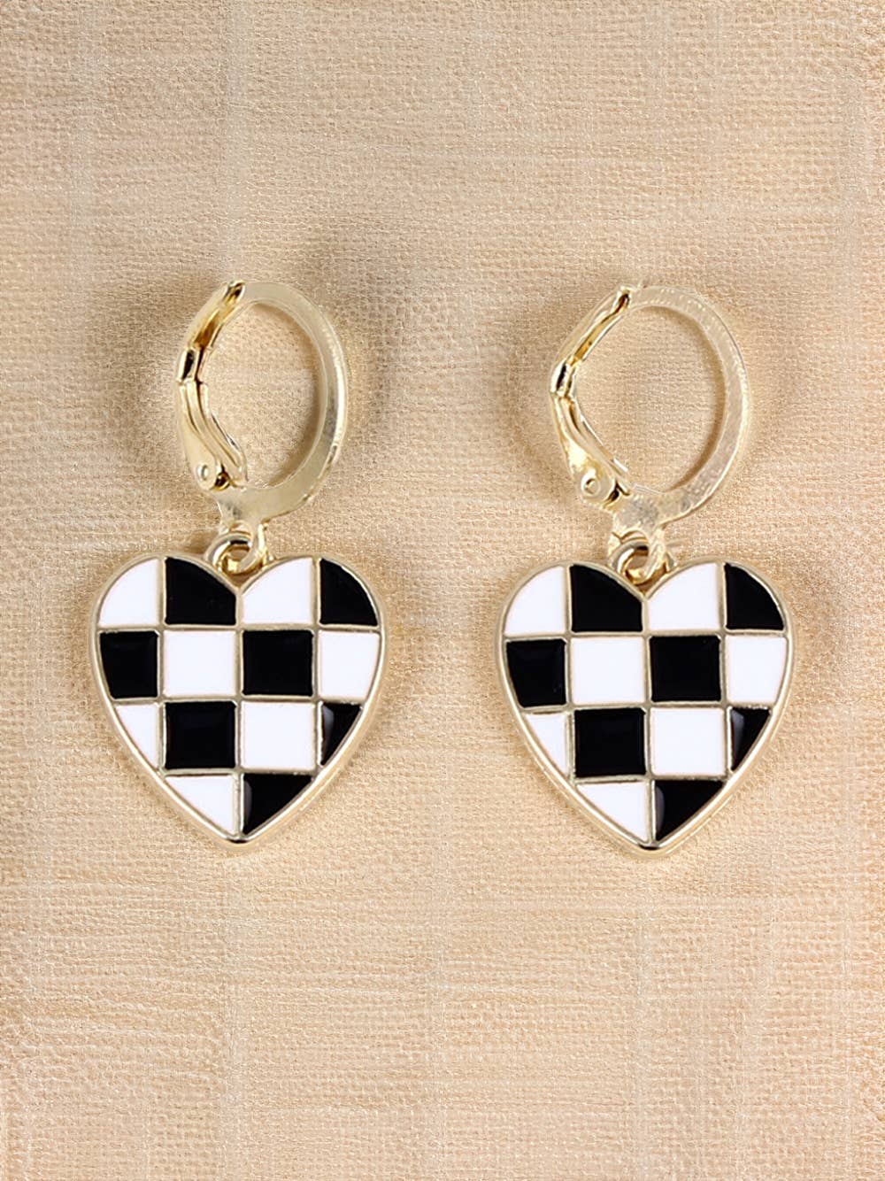 Checkered Heart Shape Hoop Dangle Earrings