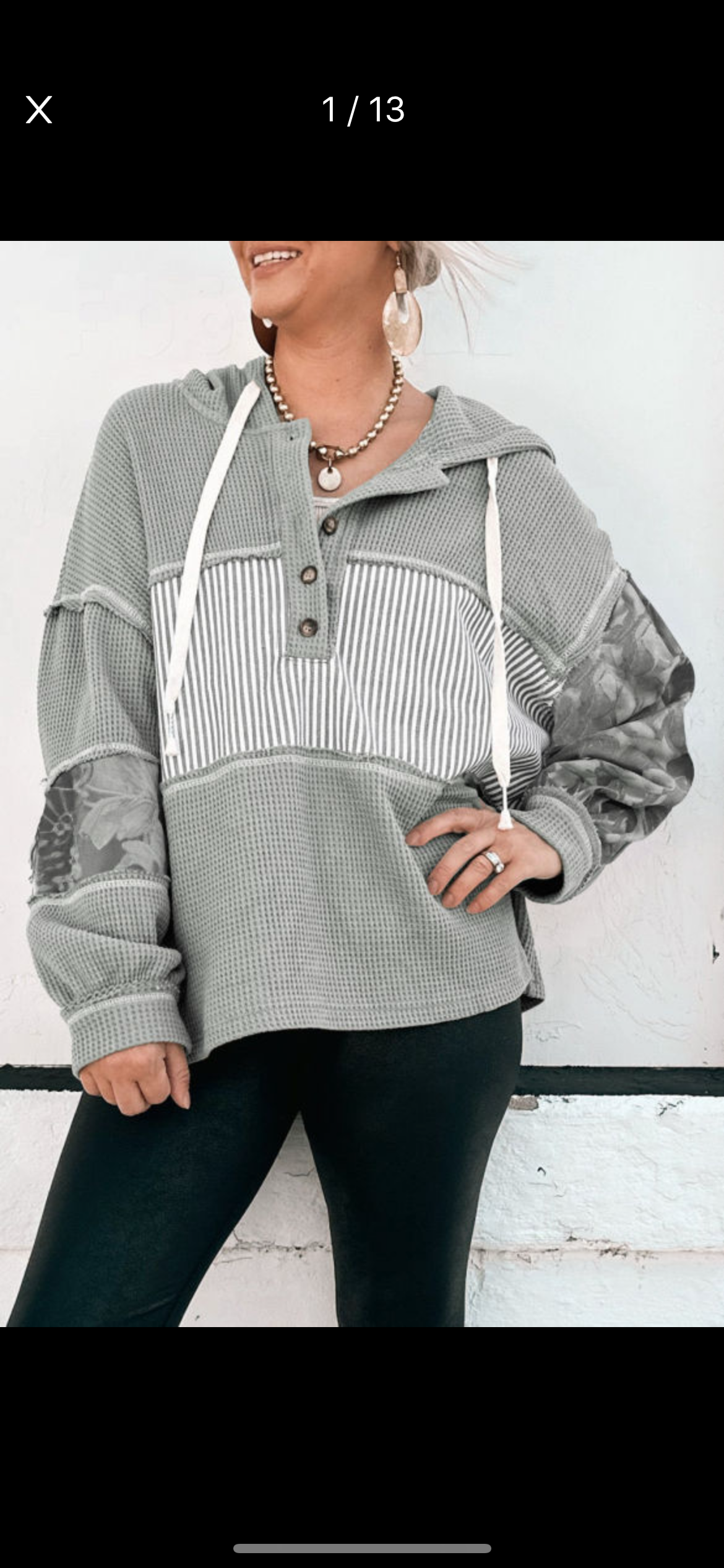 Gray Waffle Patchwork Hooded Long Sleeve