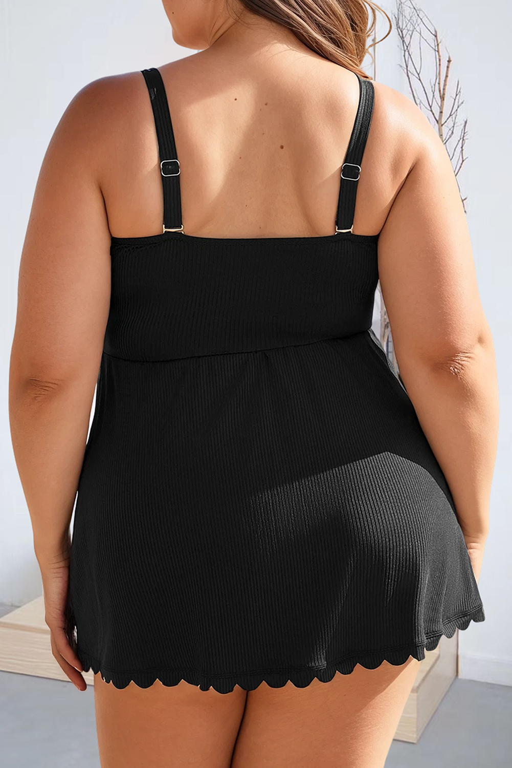 Plus Size Textured Scalloped Trim Swim Dress with Panty