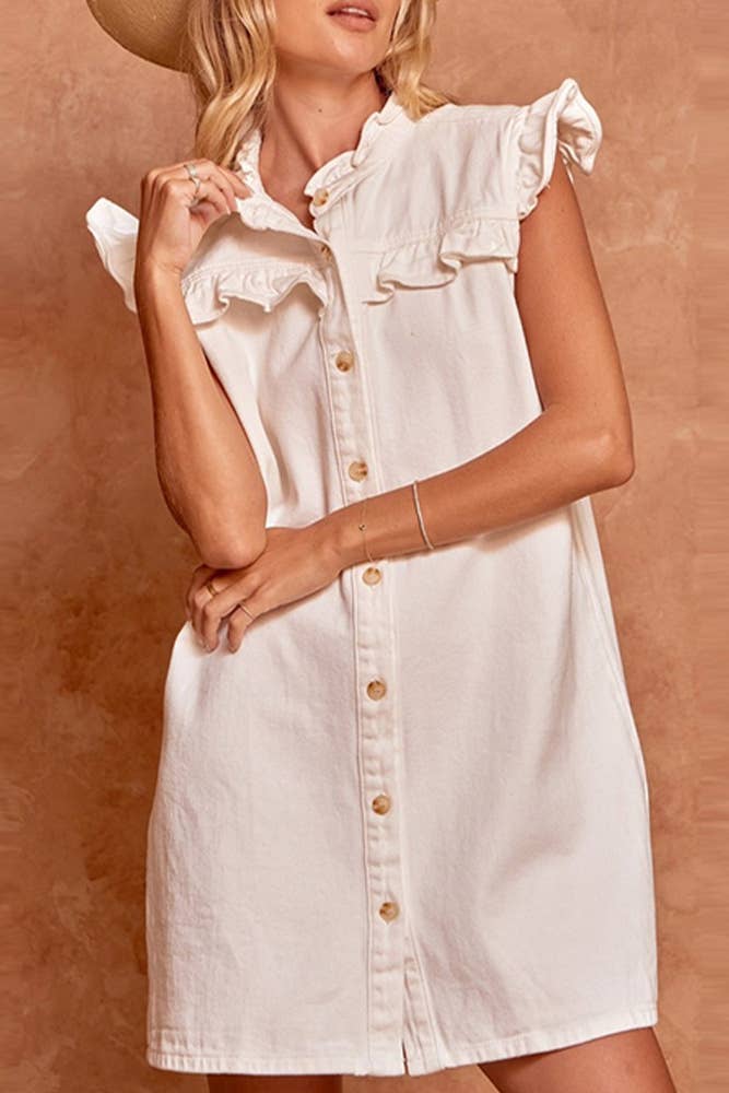 Plain Washed Denim Open Button Ruffles Dress OZX069