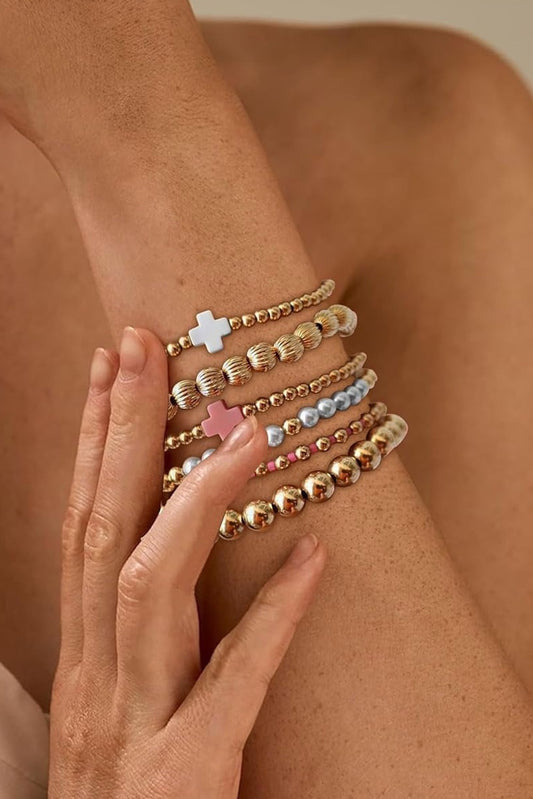 Gold plated multi layer bead pearl cross bracelets