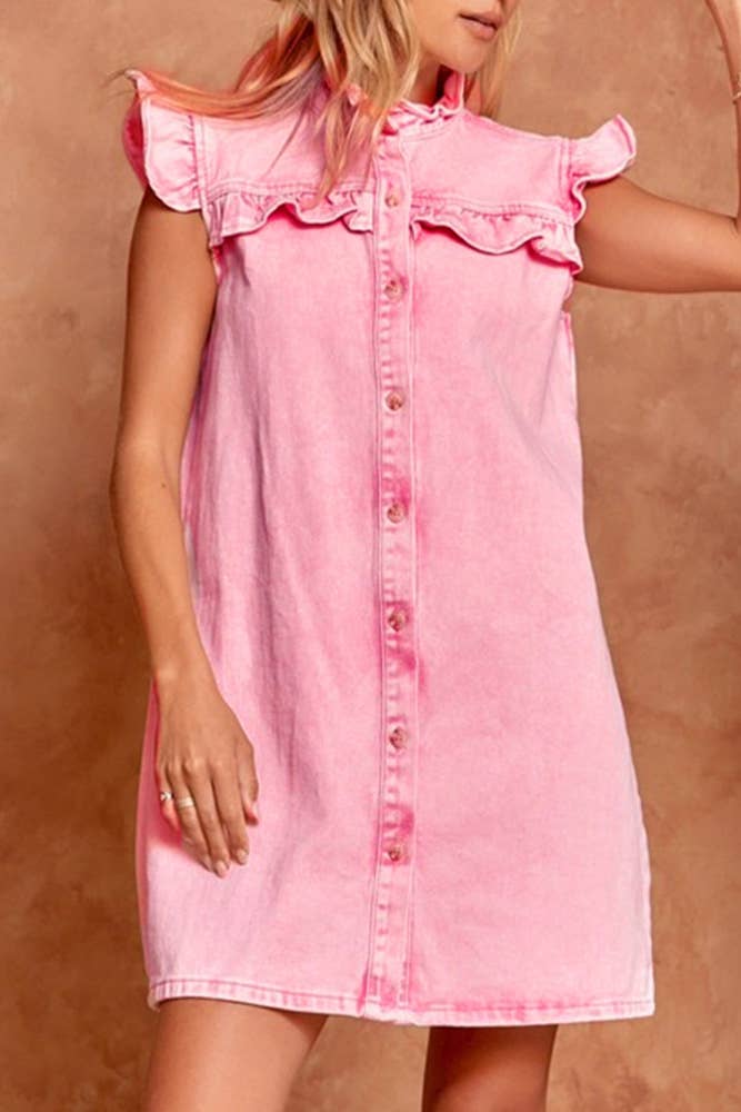 Plain Washed Denim Open Button Ruffles Dress OZX069