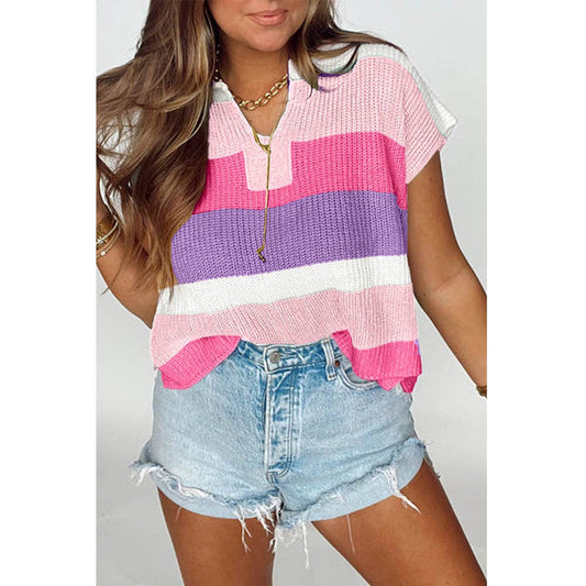 Colorblock Striped Knit Top Casual V Neck Short Sleeve Sweater Women