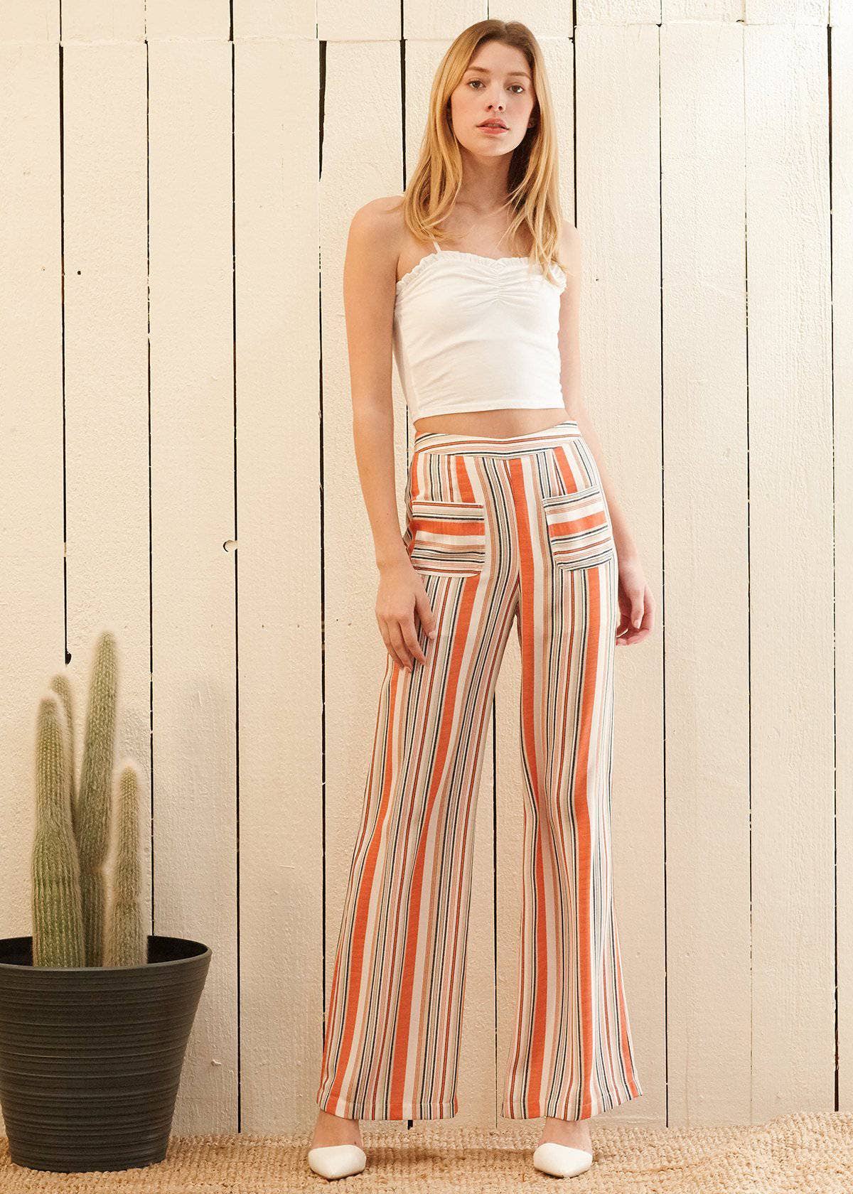 Nurode's High-waisted Palazzo in Rust Multi Stripe