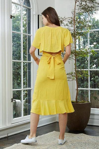 Nurode's Tie Waist Cape Sleeve Cropped Blouse in Yellow