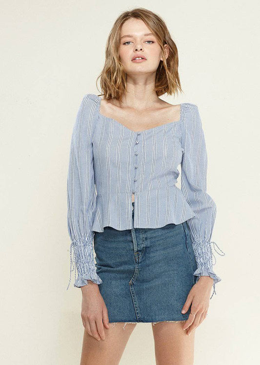 Nurode's Smocked Cuff Button Front Peplum Blouse in Blue