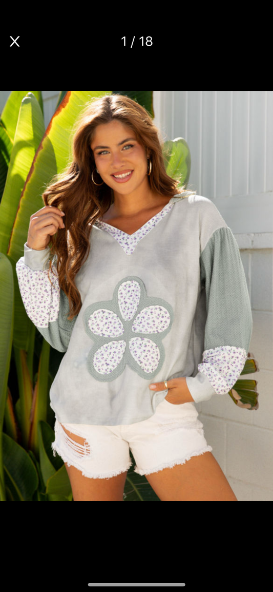 Green Floral Patched Hooded Top
