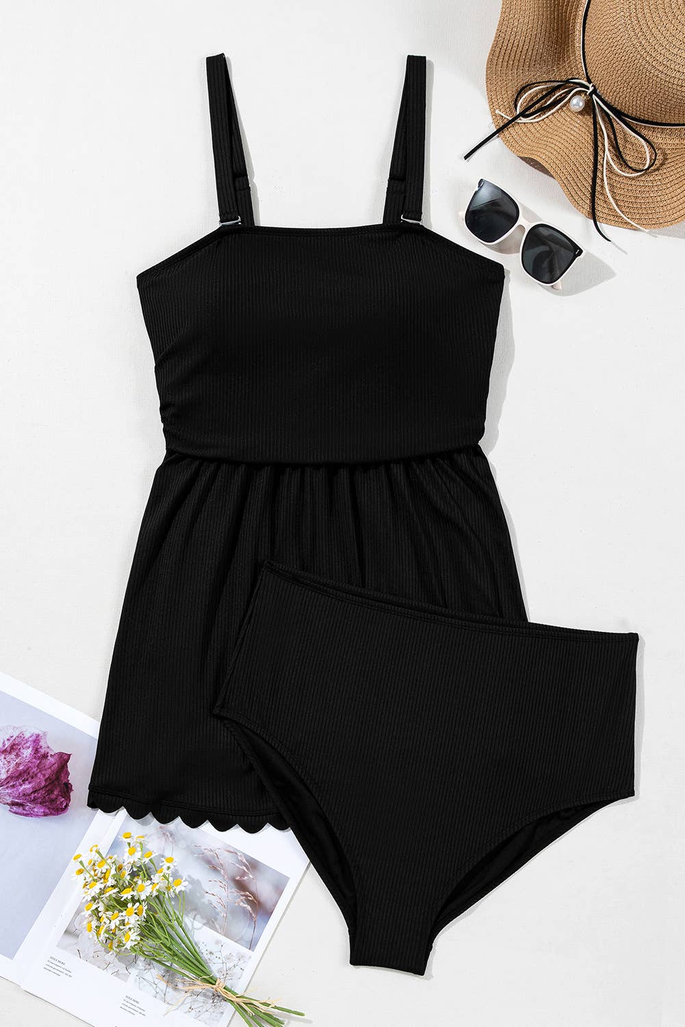 Plus Size Textured Scalloped Trim Swim Dress with Panty