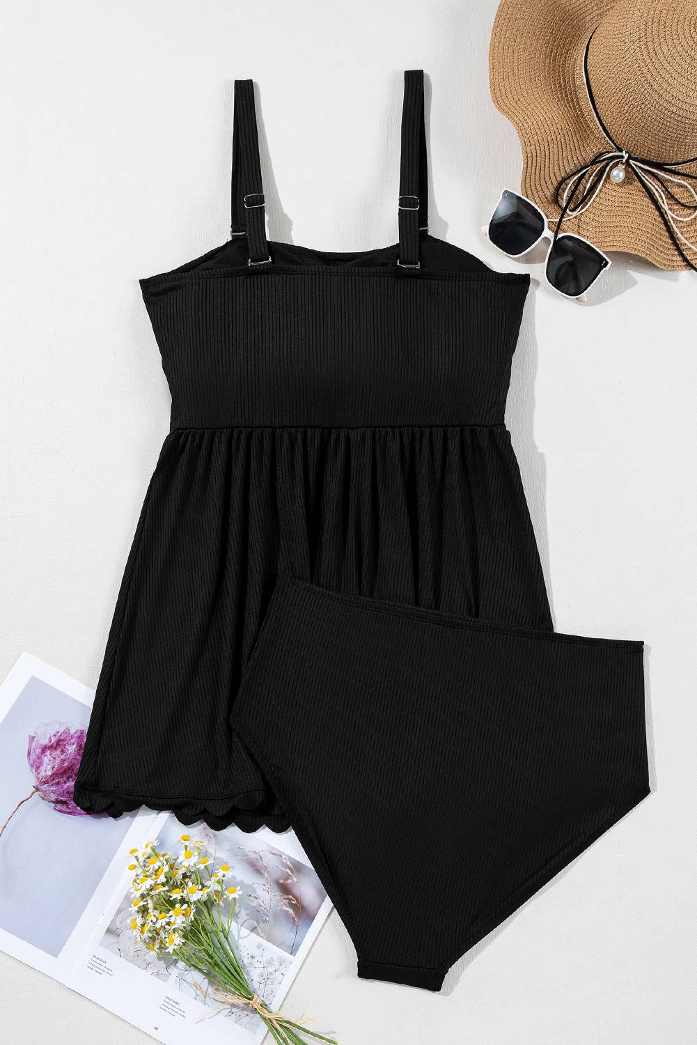 Plus Size Textured Scalloped Trim Swim Dress with Panty