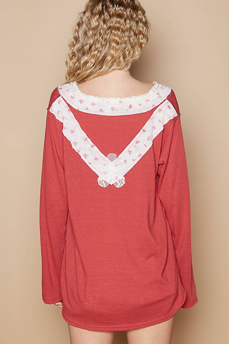 Long sleeve V neck lace flower cotton knit top SALE