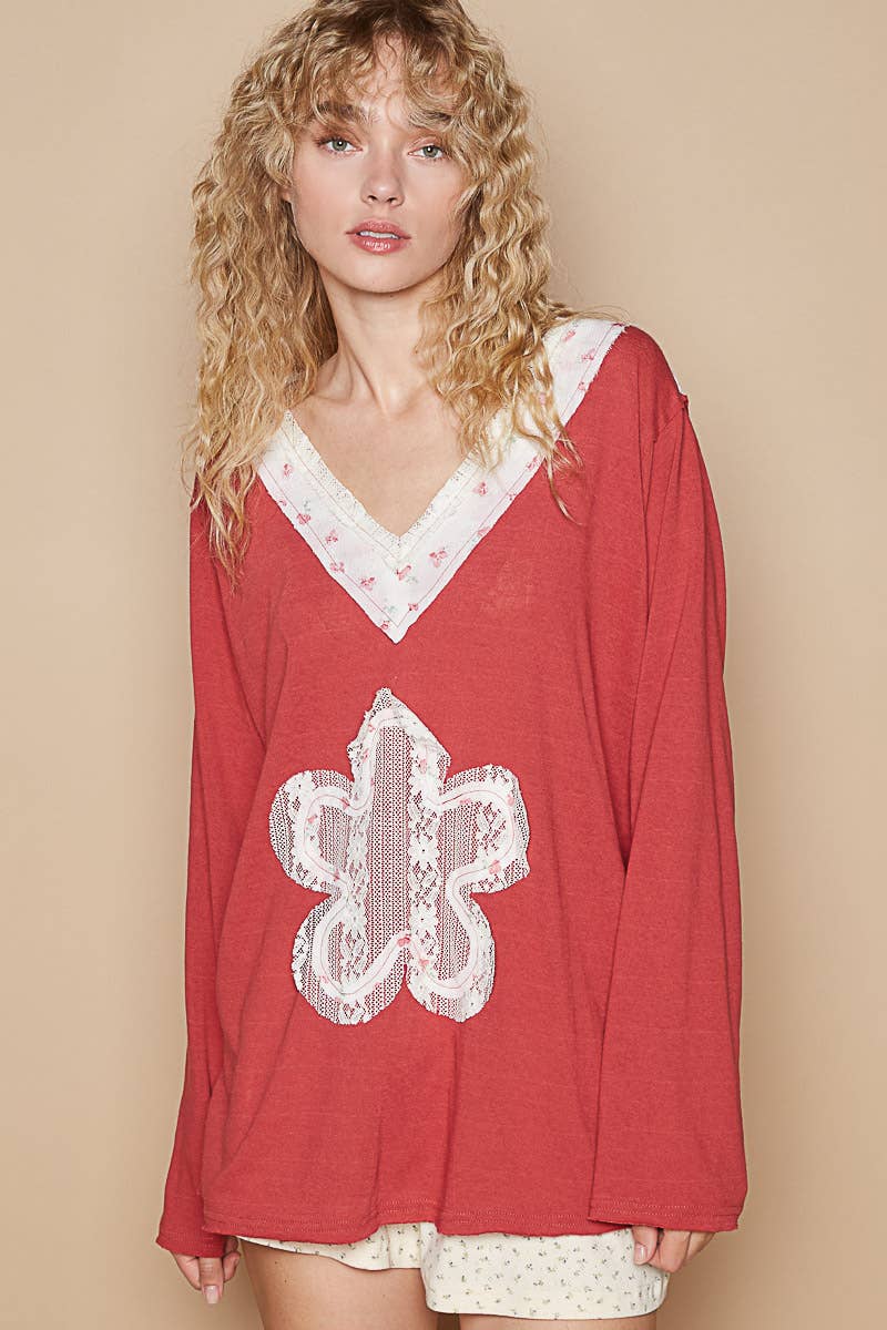 Long sleeve V neck lace flower cotton knit top SALE